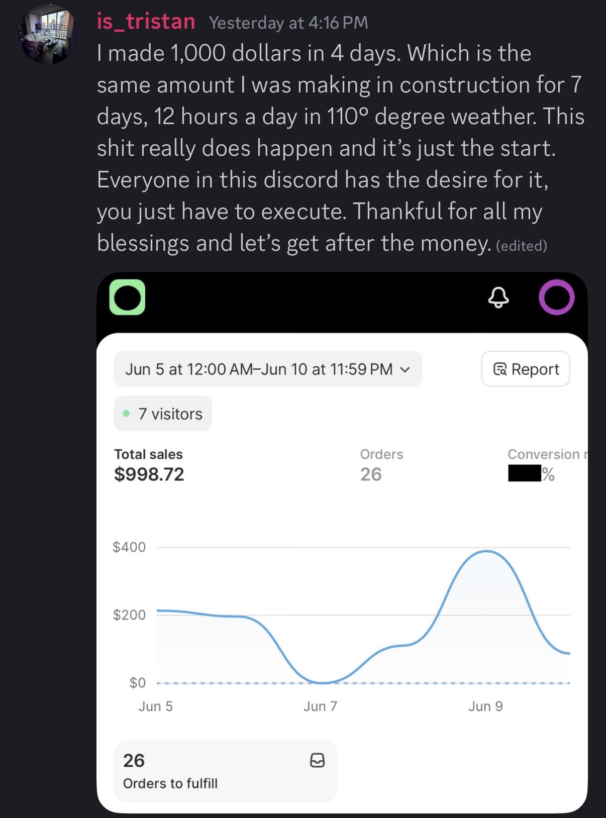 Tristan $1,000 in 4 days student win screenshot