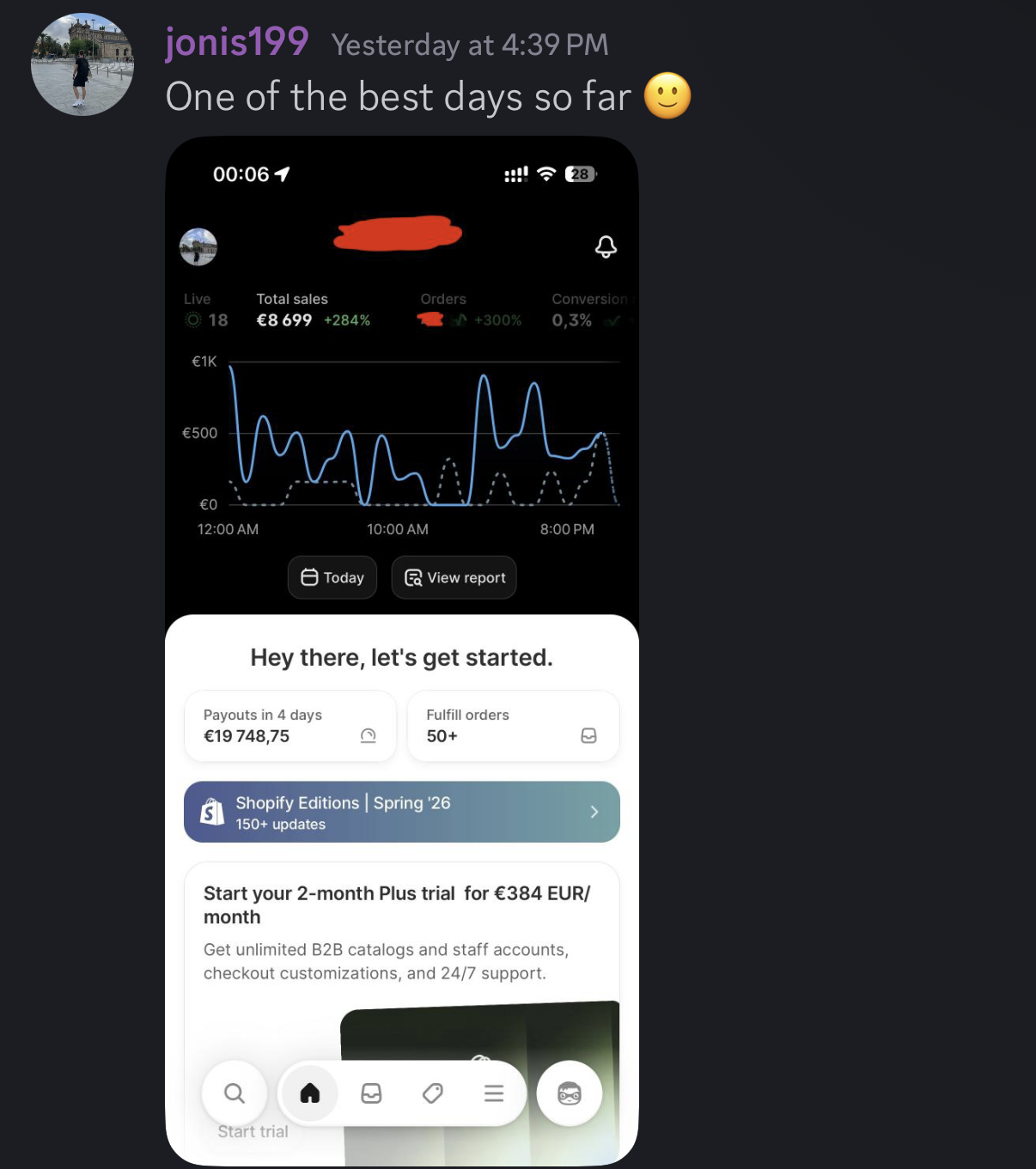 Student result screenshot: one of the best days so far with €8,699 in sales